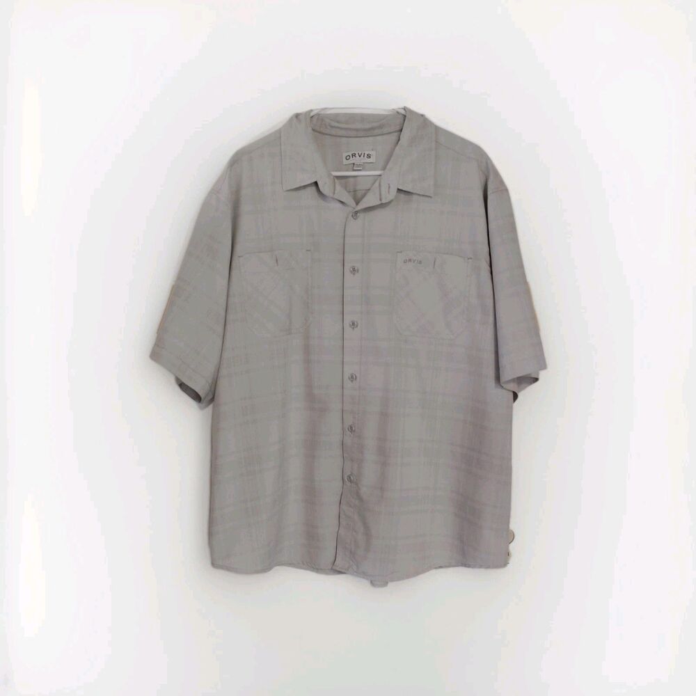 Orvis Shirt Men Gray Button Up Plaid Short Sleeve Pockets Casual Fishing XXL EEG